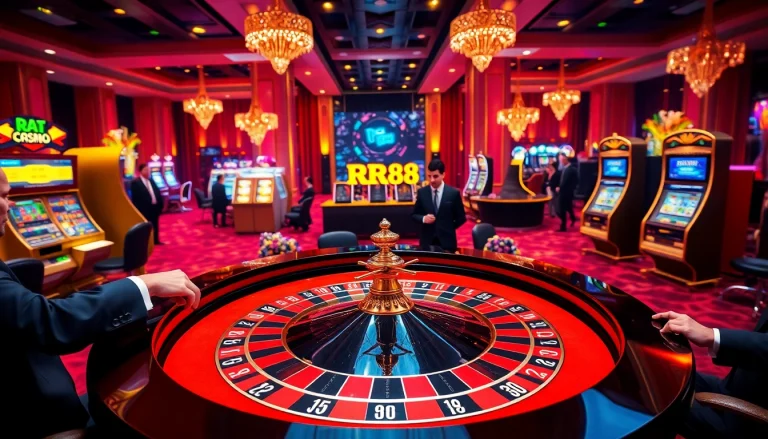 Experience the thrill of high-stakes gambling at RR88 casino with a luxurious roulette table and glamorous players.