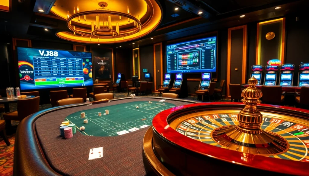 Betting excitement at VJ88 casino with poker chips and roulette wheel