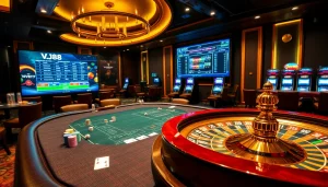 Betting excitement at VJ88 casino with poker chips and roulette wheel