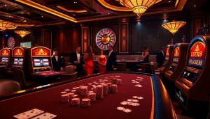 LUCK8 logo displayed on luxurious casino tables with poker chips and cards in an elegant setting.