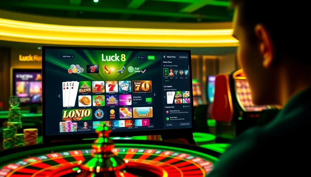 Luck8 engaging online casino gaming interface with vibrant poker chips and roulette wheel.
