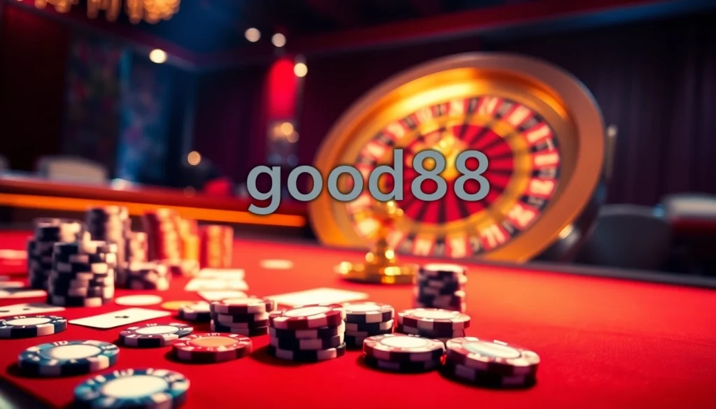 Join the excitement at good88's luxury casino scene with vibrant roulette and poker elements.