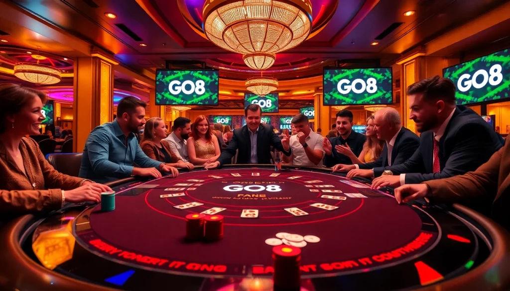 Players strategizing at a GO8 branded poker table in a vibrant casino setting.
