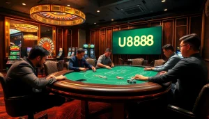 Experience the excitement of high-stakes gambling at U888 with a luxurious casino scene featuring poker and roulette.