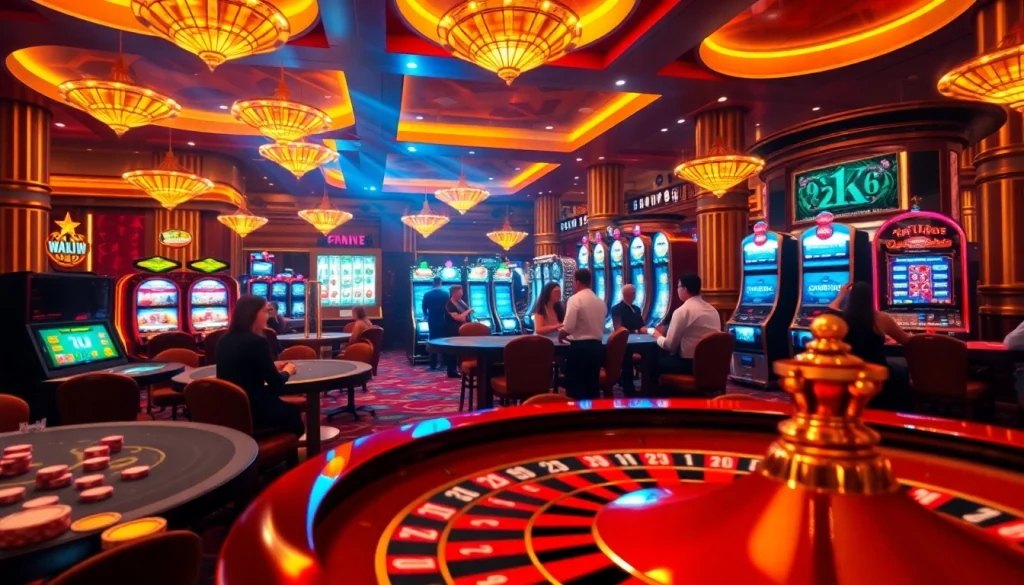 Exciting gambling scene at https://sunwin.builders/, with vibrant slot machines and engaging players at tables.