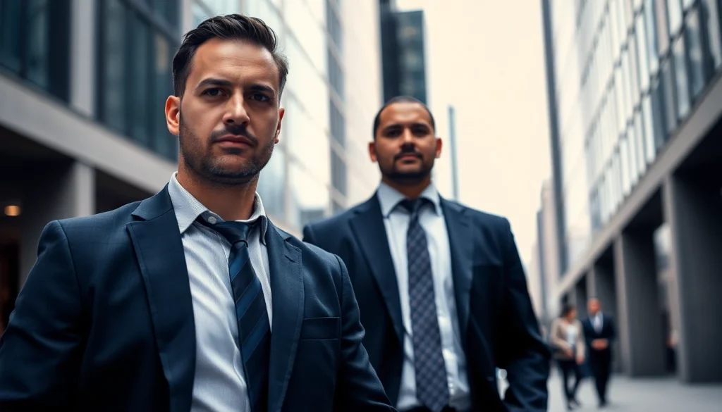 Securely hire personal bodyguard standing protectively beside a client in an urban setting.
