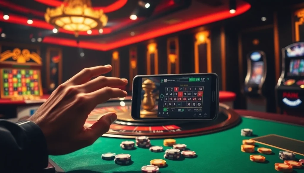 Engaging with S8 smartphone features at a luxurious casino table, enhancing gaming strategy.