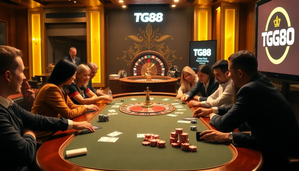 Players strategizing at a TG88-themed poker table in a luxurious casino setting.