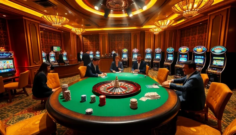 Players enjoying poker and roulette at 88vv casino, surrounded by vibrant slot machines.