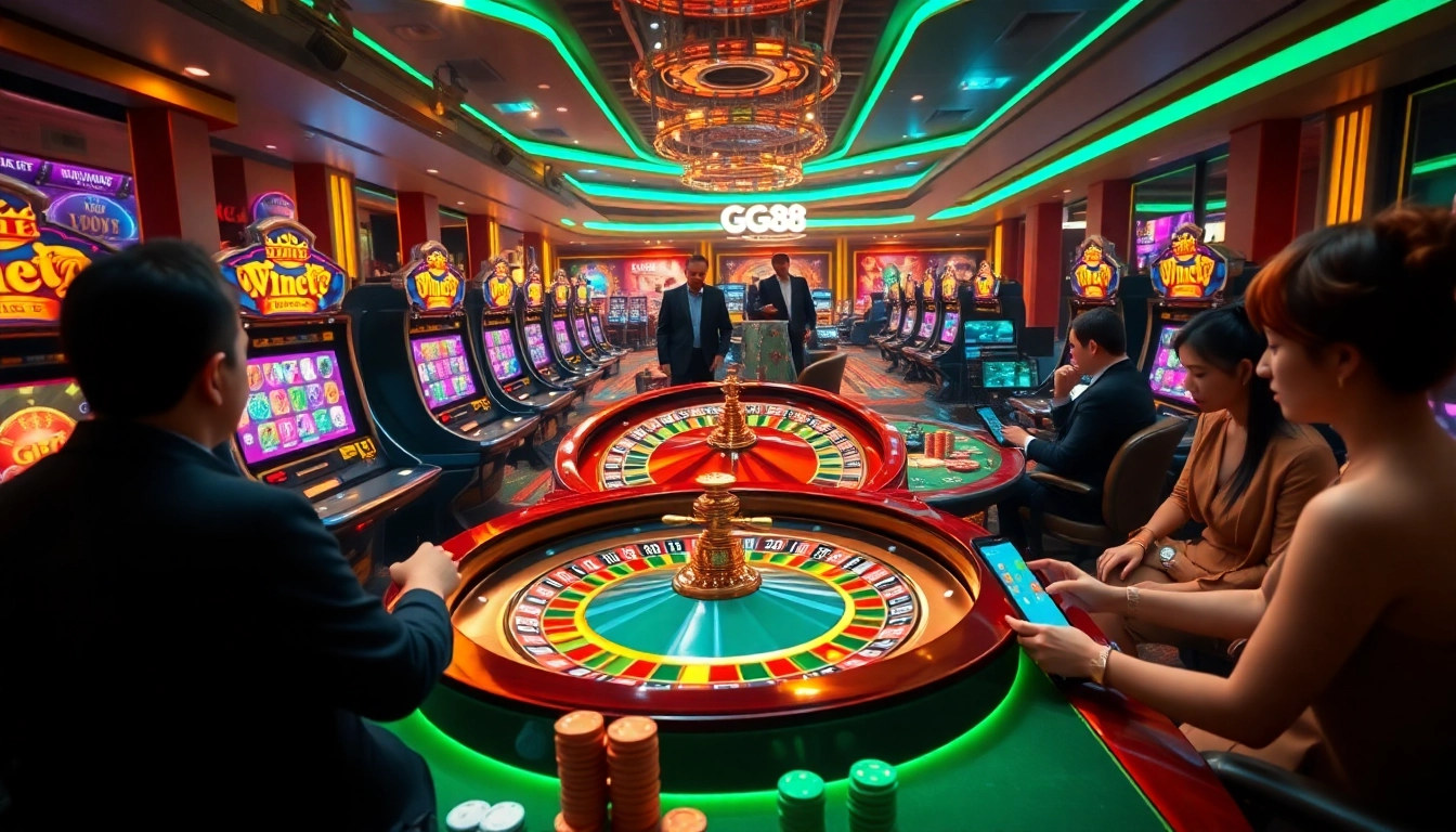 Players engaging in a thrilling online gambling experience at GG88 with vibrant slot machines and a live roulette wheel.