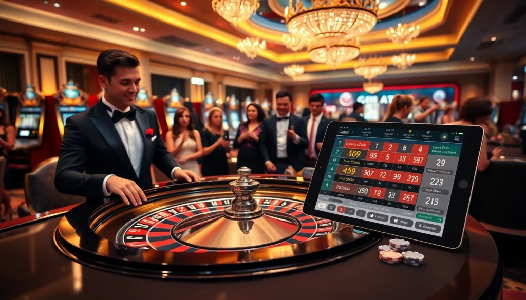 Engaging scene of players at God55 casino, surrounded by roulette and slot machines, capturing excitement.