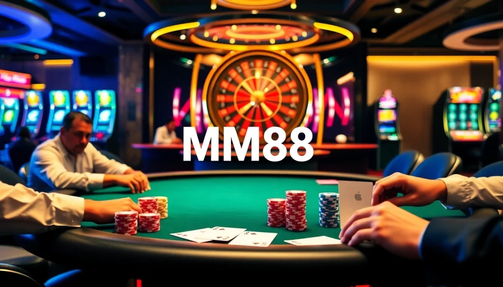 Engaged players strategizing at the MM88 casino poker table, vibrant chips and cards in play.