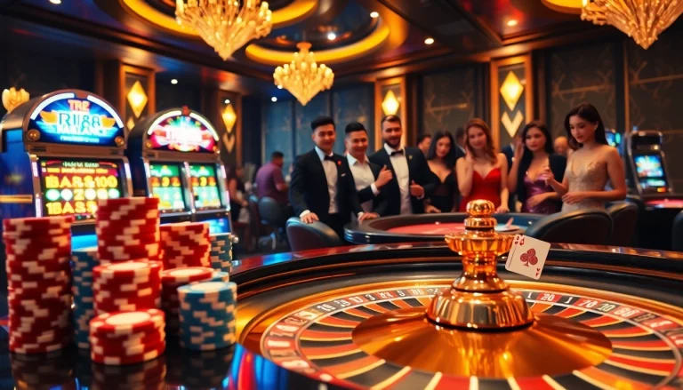 Engaged gamblers competing at a TR88-themed roulette table, vibrant casino scene.