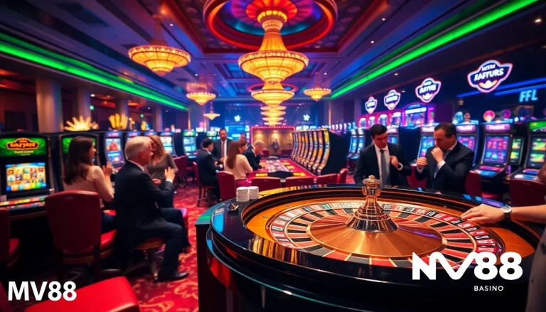 Excited gamblers at an MV88-themed roulette table in a luxurious casino