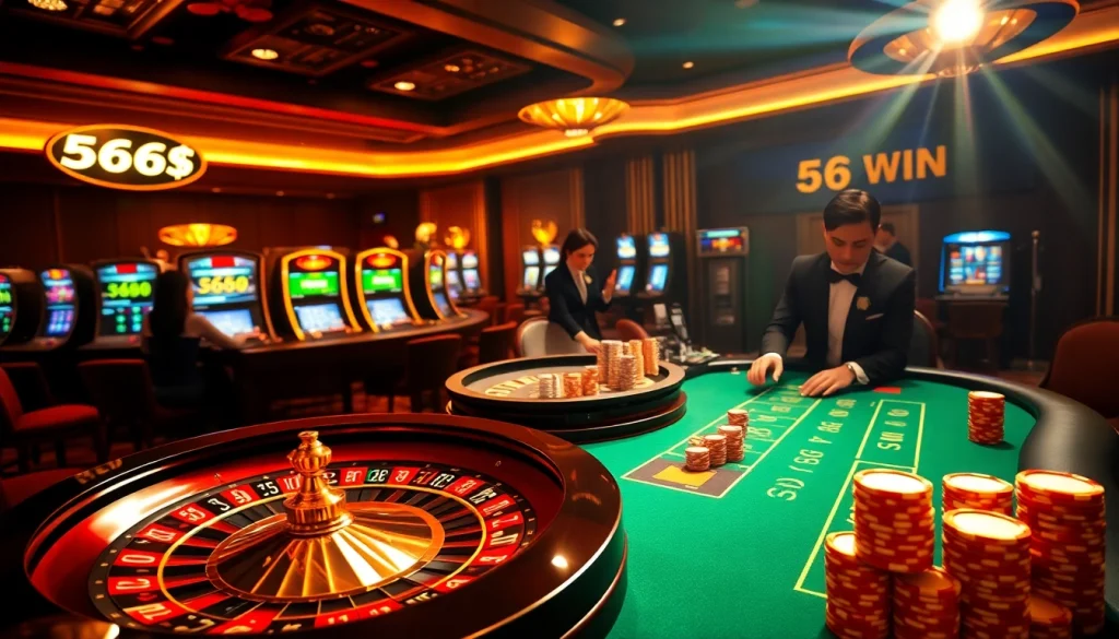 Exciting casino scene showcasing 56WIN SALE at a roulette table with professional gamblers.