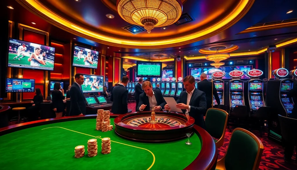 Gamblers enjoying the excitement of sports betting at Bsport's elegant casino setting.