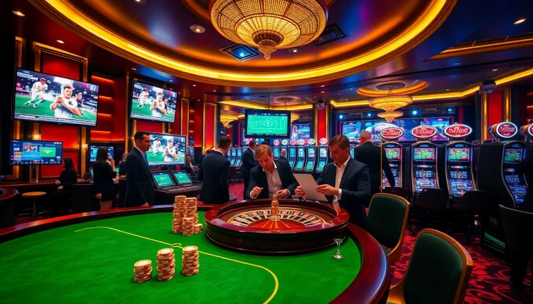 Gamblers enjoying the excitement of sports betting at Bsport's elegant casino setting.