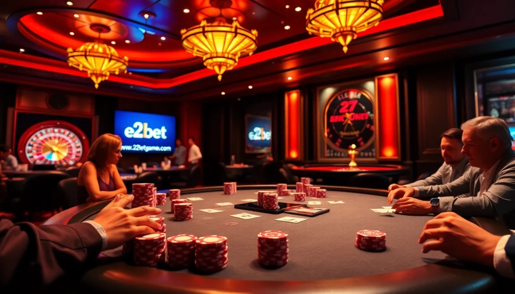 Engage with thrilling poker games at https://e2bet-games.com/, featuring vibrant chips and stunning casino decor.
