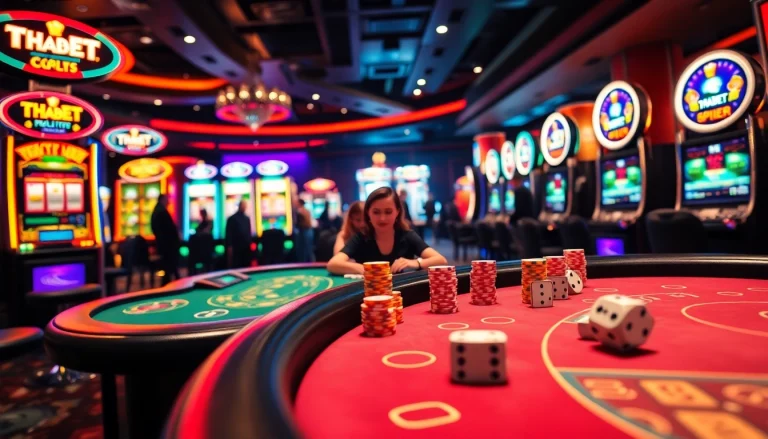 Engaged players enjoying gambling experiences at THABET's vibrant casino tables and thrilling slot machines.