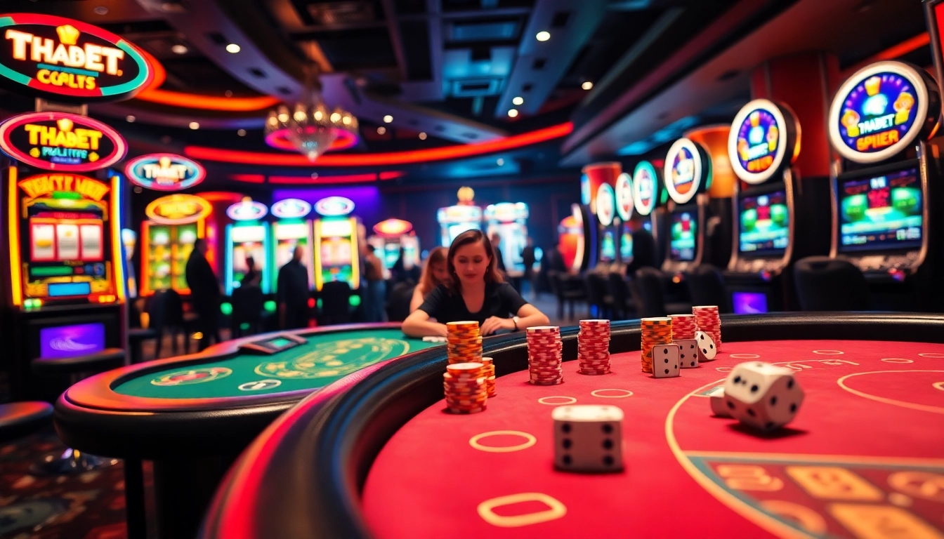 Engaged players enjoying gambling experiences at THABET's vibrant casino tables and thrilling slot machines.