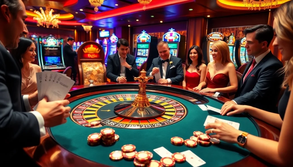 Players celebrate a winning hand at Luckywin casino with vibrant poker chips and a roulette table.