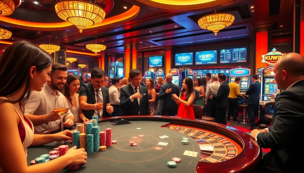 Players enjoying a dynamic gambling experience at KUWIN casino with poker and slot machines.