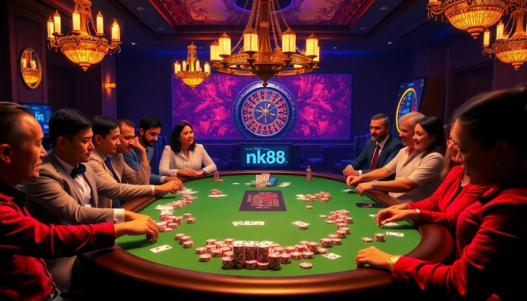 Exciting poker scene at nk88, showcasing luxury and engagement at the casino table.