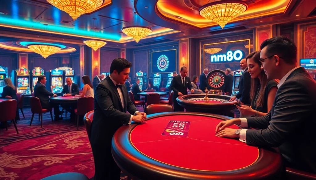 Experience the thrill of mm88 at an upscale casino with players at poker and roulette tables.