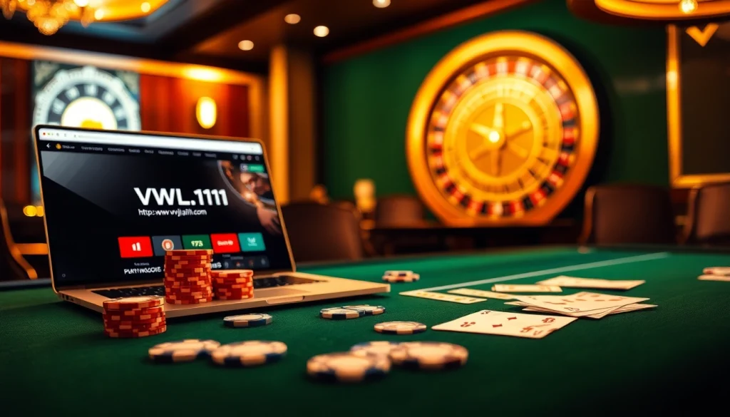 Experience the thrill of gambling at https://www.vvjl11.com/ with an upscale poker table and roulette wheel.