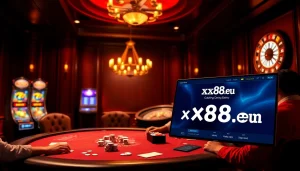 Players enjoying high-stakes poker at a luxurious table with gambling elements from https://xx88.eu.com/.
