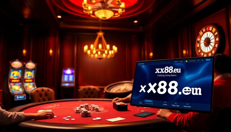 Players enjoying high-stakes poker at a luxurious table with gambling elements from https://xx88.eu.com/.