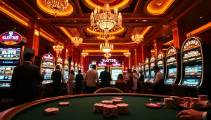 Players enjoying high-stakes gameplay at SLOTS8 branded slots machines in a luxurious casino setting.