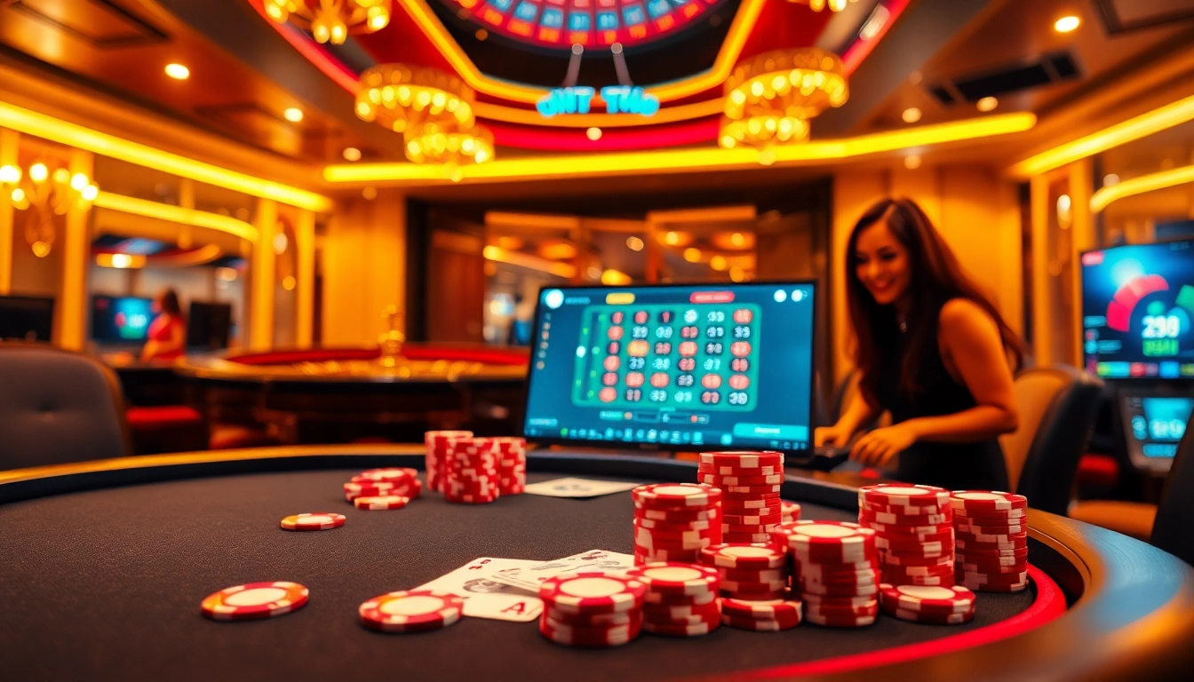 Engaging dn88 online casino scene with poker table and roulette wheel, highlighting excitement.
