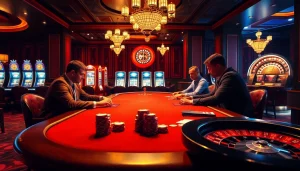 Experience a thrilling online gambling session at xx88.pro with vibrant poker action and casino decor.