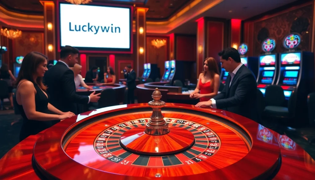 Engaging casino players enjoying games at the Luckywin roulette table with vibrant chips.