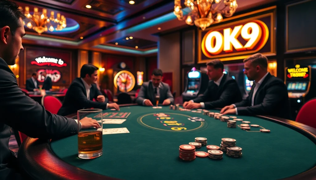 Enjoying a thrilling poker game at OK9 casino with luxurious ambiance and sophisticated players.