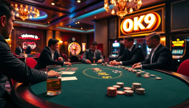 Enjoying a thrilling poker game at OK9 casino with luxurious ambiance and sophisticated players.