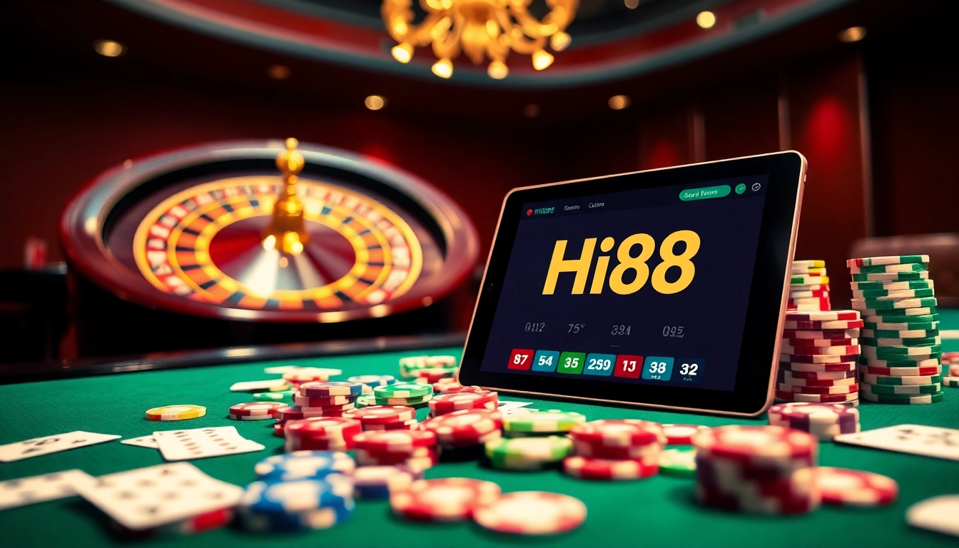 Experience the thrill of Hi88 with vibrant poker chips and a spinning roulette wheel in a luxurious casino setting.