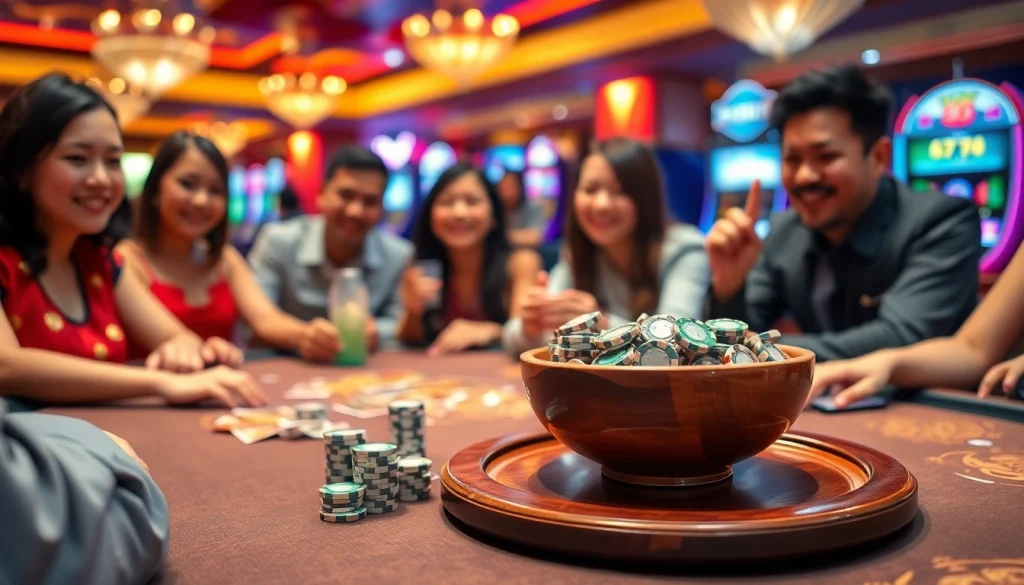 Xóc đĩa players engaging in a thrilling game at a vibrant casino table with chips and bowls.
