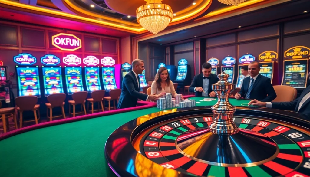 Players enjoying thrilling games at the casino with OKFUN atmosphere and vibrant lights.