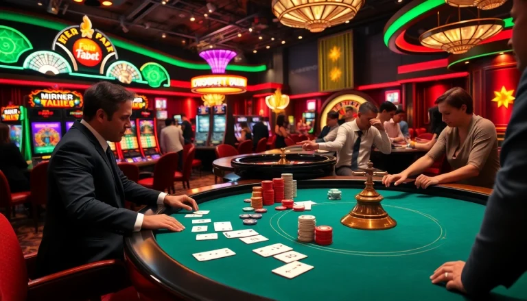 Experience the thrill of a luxurious casino with 'fa bet', featuring a vibrant poker table and lively players.