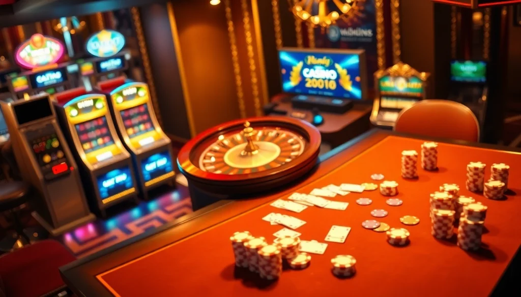 Experience the excitement of online gaming with OK365 com, featuring a vibrant casino setting with roulette and poker elements.