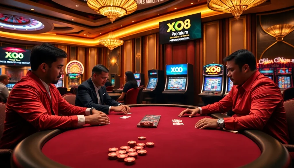 Gamblers competing at a poker table in a luxurious casino featuring xo 88 branding.