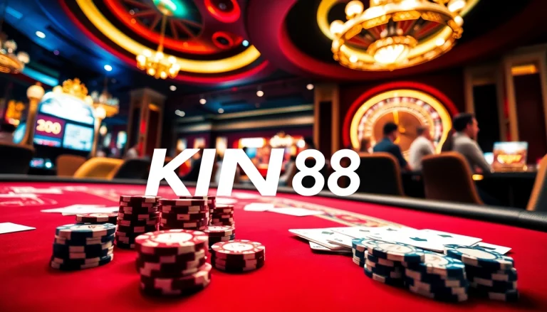 Gambling at King88 casino table with vibrant poker chips and illuminated slot machines.