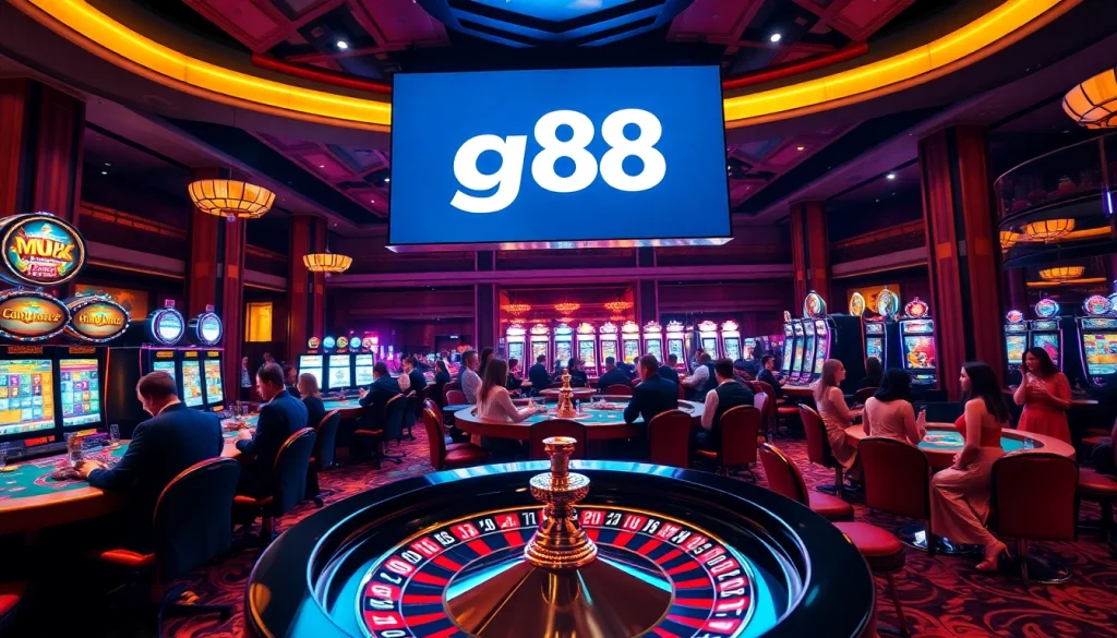 Exciting casino scene featuring g88 prominently displayed alongside poker chips and a roulette wheel.