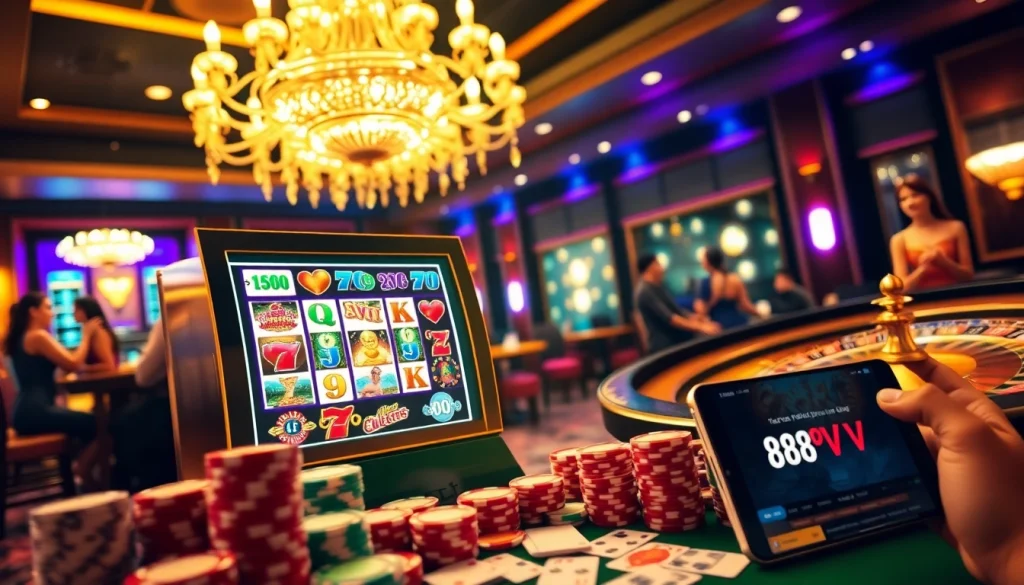 Players engaging with vibrant slot machines at 88vv, experiencing the thrill of online gambling.