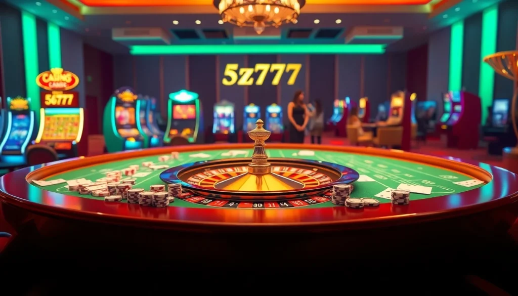 Experience 5z777 thrills at a vibrant casino with roulette tables and slot machines.