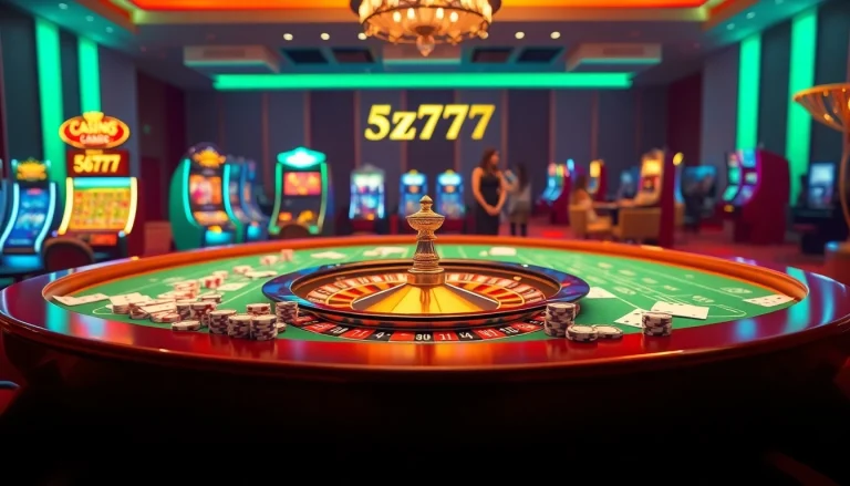 Experience 5z777 thrills at a vibrant casino with roulette tables and slot machines.