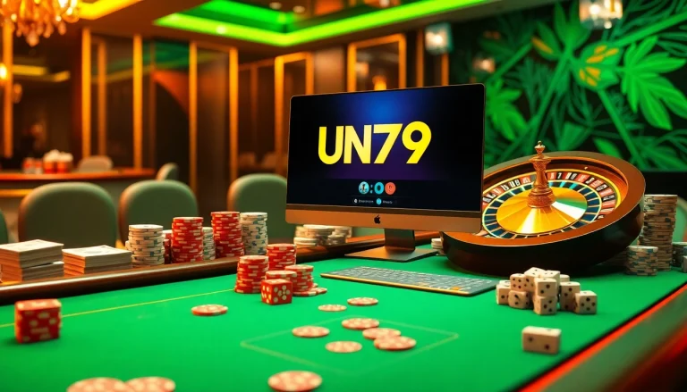 Play exciting games at FUN79's luxurious online casino with vibrant tables and chips.