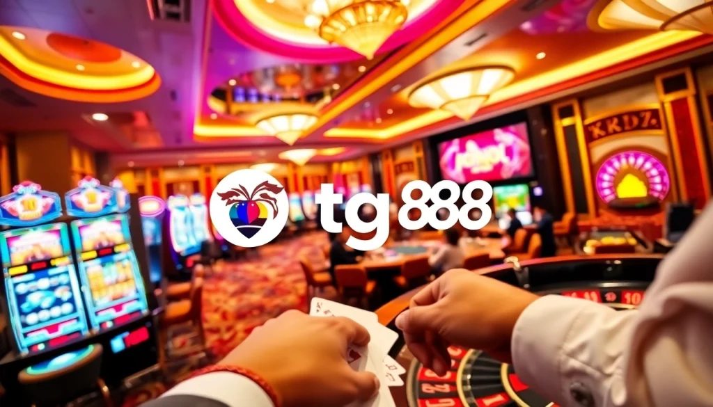 Players engage in thrilling casino games including tg88. slots and poker, amidst a luxurious atmosphere.